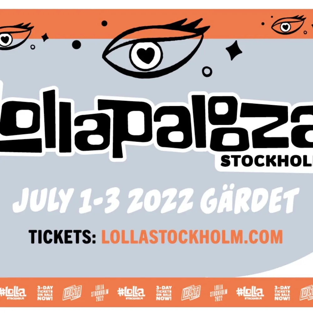 Jag säljer min biljett till Lollapalooza då jag inte kan gå längre! Säljer den nu direkt för 1000kr. 3 dagars standard biljett, 1-3juli Stockholm 2022 på Gärdet. Biljetten är 13+. Biljetten skickas elektroniskt efter swishbetalning.. Övrigt.