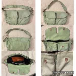 Mint grön nunoo bag - Säljer denna mint gröna nunoo bag som inte går att köpa längre. Den är i bra skick förutom få defekter, typ missfärgning som på bilden vid knapparna. Skriv för fler bilder ❤️