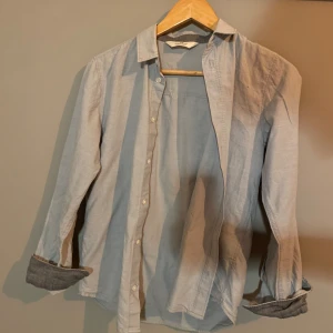 Ljusblå skjorta med knappar - Säljer en stilren ljusblå skjorta med knappar. Skjortan har långa ärmar och en klassisk krage. Perfekt för en avslappnad men ändå uppklädd look. Finns tyvärr en liten fläck på en millimeter kanske går nog bort med lite rosa vanish eller kan Tobbe trollkarl hjälpa dig.