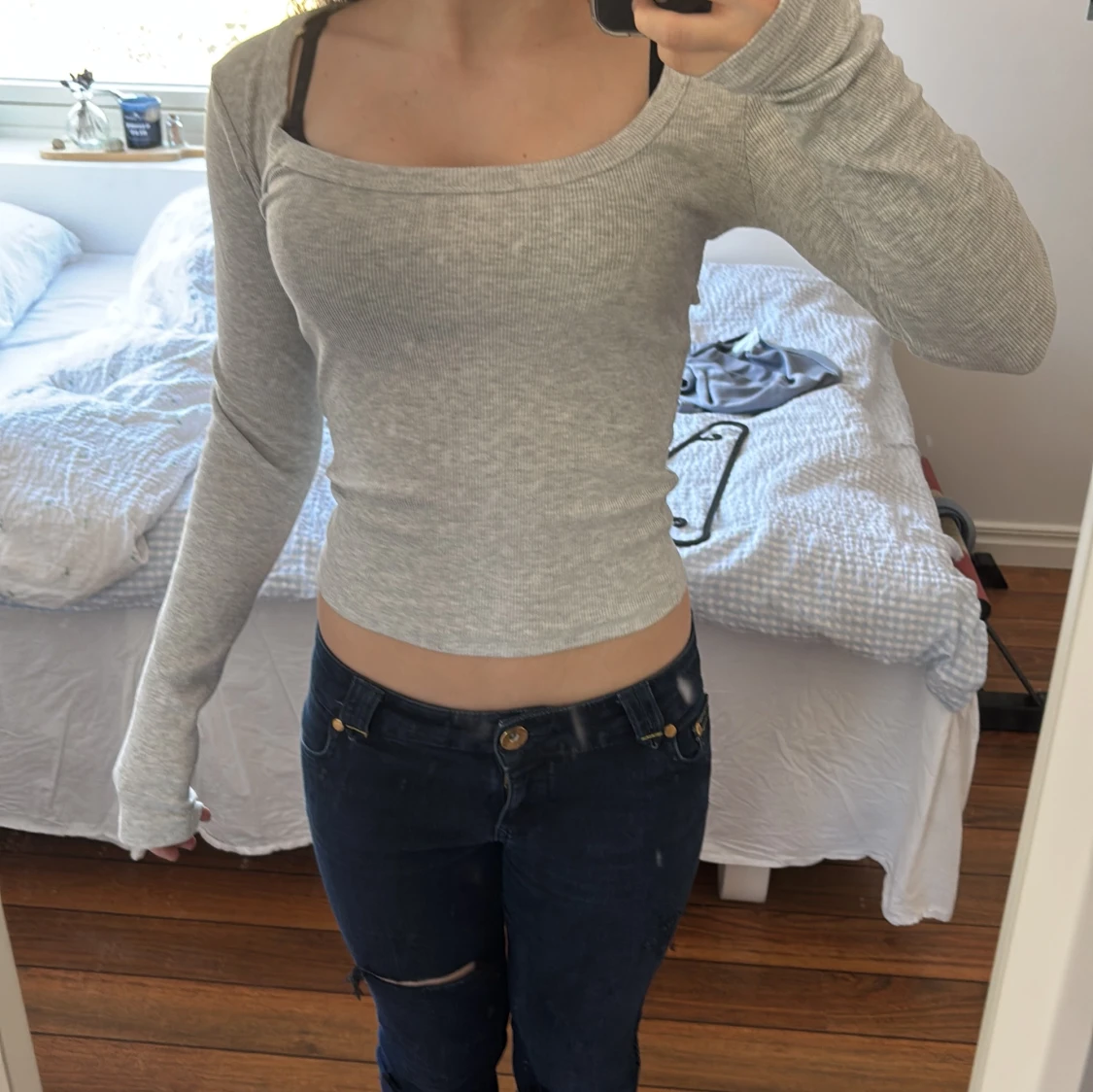 Grå ribbad långärmad topp - 2