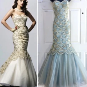 Sherry Hill - Mermaid dress - Sherry Hill afton/ balklänning som använts 1 gång. Figursydd med paljetter. Jag har den i guld som på första bilden (den i färgen blå är lånad bild). Skriv vid önskemål im bilder. Amerikansk storlek 0 (32-34). Jag har storlek 34 och den satt perfekt på.  📍Möts upp i Stockholm, alternativt skickas.