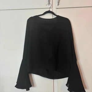 Svart blus med vida ärmar från Zara - Svart blus från Zara Basic med transparent, lätt tyg och vida trumpetärmar. Baksidan har en snygg öppen detalj med knyt. Använd fåtal gånger så den är som ny. Storlek M.