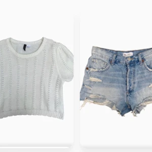 Sommar outfit  - Jag säljer en hel outfit! Ett par blåa jeans shorts från Zara i storlek 36 och en vit kortärmad virkad tröja i storlek L men passar även mig perfekt som har storlek S. En perfekt och snygg sommaroutfit där man får shortsen och tröjan för endast 400kr😍