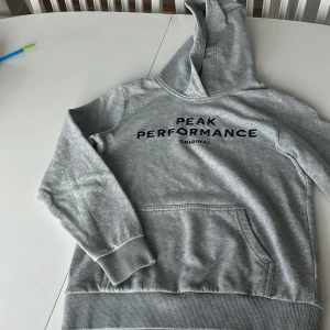 Grå hoodie från Peak Performance - Snygg grå hoodie från Peak Performance. Har två små hål på armen (visas på bilden) och är lite sliten i mudden vid armarna.