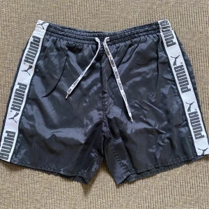 Mörkgrå shorts från Puma med logga - Antracitgrå shorts från Puma med vita sidor där det står PUMA och synlig logga. Resår och snörning i midjan samt fickor på sidorna. Perfekta för träning eller somriga dagar.