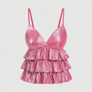 Rosa glittrig volangtopp med smala axelband - Säljer en rosa glittrig topp med smala axelband och tre lager volanger. Toppen har en v-ringad skärning och är perfekt för dig som vill sticka ut med en festlig look.