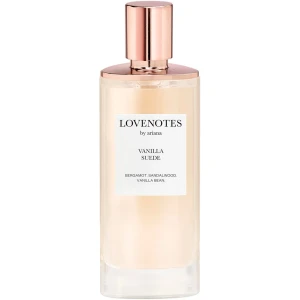Lovenotes Vanilla Suede Parfym - Elegant parfymflaska med roséguldfärgat lock. Doften Vanilla Suede kombinerar bergamott, sandelträ och vaniljböna för en varm och inbjudande upplevelse. Perfekt för den som älskar mjuka och krämiga dofter.
