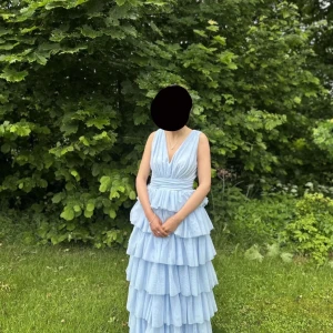 Ljusblå långklänning med volanger - Drömmig ljusblå långklänning med flera lager volanger och v-ringad omlottliv. Klänningen är ärmlös och har markerad midja, vilket ger en elegant och flowy siluett. Perfekt för bal eller student. Materialet är lätt och ger en luftig känsla. Därför kollar jag intresset på denna klänning hör av er om ni är intresserade!💕(bara använd 1 gång inga slitage eller tecken på användning)