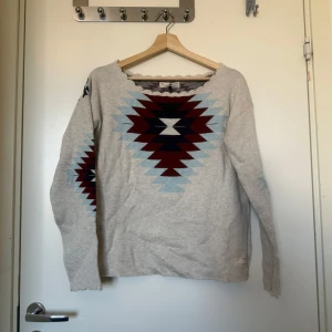 Mönstrad långärmad tröja från Odd Molly - Säljer en grå långärmad tröja från Odd Molly med coolt geometriskt mönster i vinrött, ljusblått och mörkblått både fram och bak. Tröjan har rund hals med spetskant och är gjord i mjuk bomull. Perfekt för dig som gillar unika prints och sköna material. Storlek 2 som enligt deras storleksguide motsvarar en storlek M.  Mycket fint skick, jag hittar inga synliga anmärkningar eller defekter.