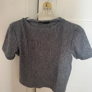 Grå ribbad topp från Zara - En stilren grå ribbad topp från Zara med korta ärmar och rund halsringning. Toppen har en croppad passform och är tillverkad i ett mjukt, stretchigt material.