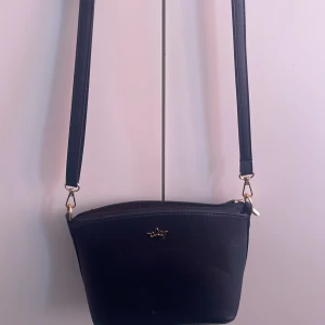 Svart axelväska med gulddetalj - Snygg svart axelväska med justerbart axelband och guldfärgad detalj framtill. Väskan har dragkedja upptill och en stilren, enkel design som passar till många outfits.