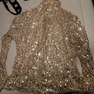 Glittrig beige tröja med dragkedja - Säljer en glittrig beige tröja med paljetter och dragkedja i nacken. Perfekt för att sticka ut på festen. Tröjan har långa ärmar och en hög krage. Är lite misfärgad där bak inne i tröjan men de märks inte av när man har på sig