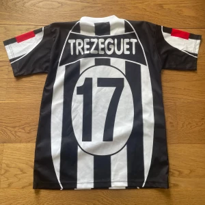 Juventus Trezeguet #17 fotbollströja M - Juventus officiella matchtröja med Trezeguet och nummer 17 på ryggen. Svart och vit med breda vertikala ränder, klubbmärke och sponsortryck på bröstet samt italienska mästerskapsmärket. Kortärmad, V-ringad krage och detaljer i rött på ärmarna. Tillverkad i polyester.