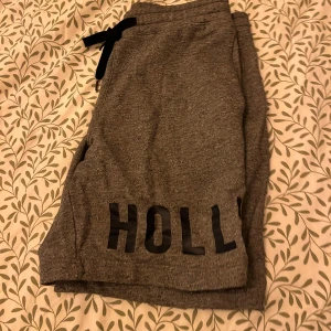 Grå shorts från Hollister med snörning - Snygga grå shorts från Hollister med svart snörning i midjan och tryckt logga. Liten fläck baksidan. Inget som märks