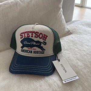 Stetson truckerkeps med brodyr - Snygg truckerkeps från Stetson med broderad logga och buffelmotiv framtill. Framsidan är beige med röd och blå text, skärmen är blå och baksidan har grönt mesh-tyg för extra ventilation. Justerbar passform och klassisk vintagekänsla.