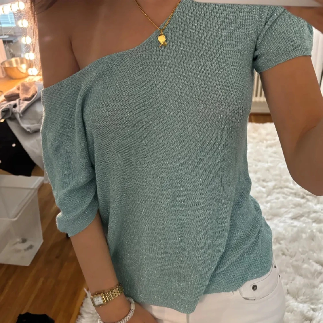 Mintgrön glittrig offshoulder topp - 2