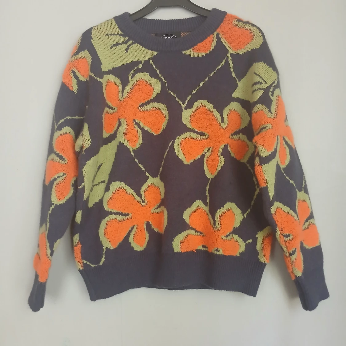 Äkta 70-talsretro – Cider stickad blommig tröja i färgexplosion – strl S