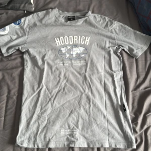 Grå t-shirt från Hoodrich - Säljer en grå t-shirt från Hoodrich i storlek XS. T-shirten har ett stort vitt tryck med texten 'HOODRICH' och en jordglob på bröstet samt tryck på ena ärmen. Skön passform och klassisk rund hals.
