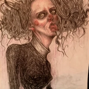 Udda och märklig print av denna speciella målning. - Letar du efter märkliga och unika print och tavlor så har du hittat rätt. Denna märkliga och opassande dam som räcker ut tungan och med vilt och rufsigt hår i överflöd passar perfekt till dig som tycker om helt unika, vågade och utstickande märkliga skeva tavlor och prints. Konstig konst att utsmycka sitt hem med eller att ge bort. Denna print finns i storlek 30*40.