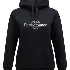 Svart hoodie från Peak Performance - Ordinarie pris ca.1600.                                        Svart hoodie från Peak Performance med vit logga på bröstet. Klassisk huva med dragsko och stor magficka framtill. Perfekt för en avslappnad stil och enkel att matcha med det mesta.💖