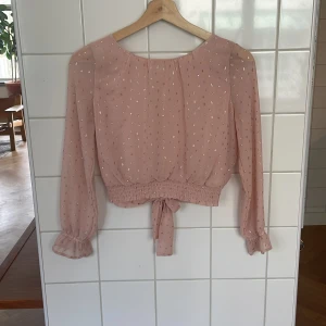 Rosa blus med knyt från H&M - Söt ljusrosa blus från H&M med små glittriga prickar och knyt i midjan. Blusen har långa ärmar med volang vid ärmslut och är tillverkad i ett lätt, transparent material. Perfekt för en trendig och feminin look.