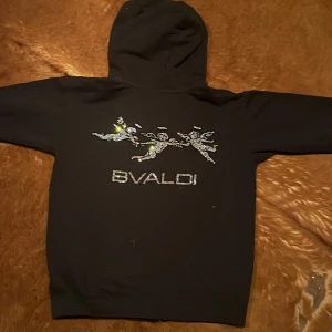 Svart hoodie med strassdetaljer från BVALDI - Svart hoodie med dragkedja och huva från BVALDI. Framsidan har strassdetaljer med bokstäverna 'BV' och baksidan har ett större strassmönster samt texten 'BVALDI'. Perfekt för dig som gillar lite extra bling i vardagen.