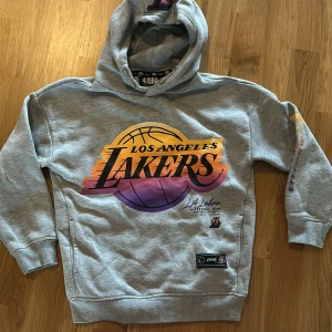 Grå Los Angeles Lakers hoodie från NBA - Säljer en grå hoodie från NBA med stort Los Angeles Lakers-tryck på bröstet och broderad Lakers-logga på huvan. Tröjan har långa ärmar, små fickor, och ribbade muddar. Perfekt för basketfans! 