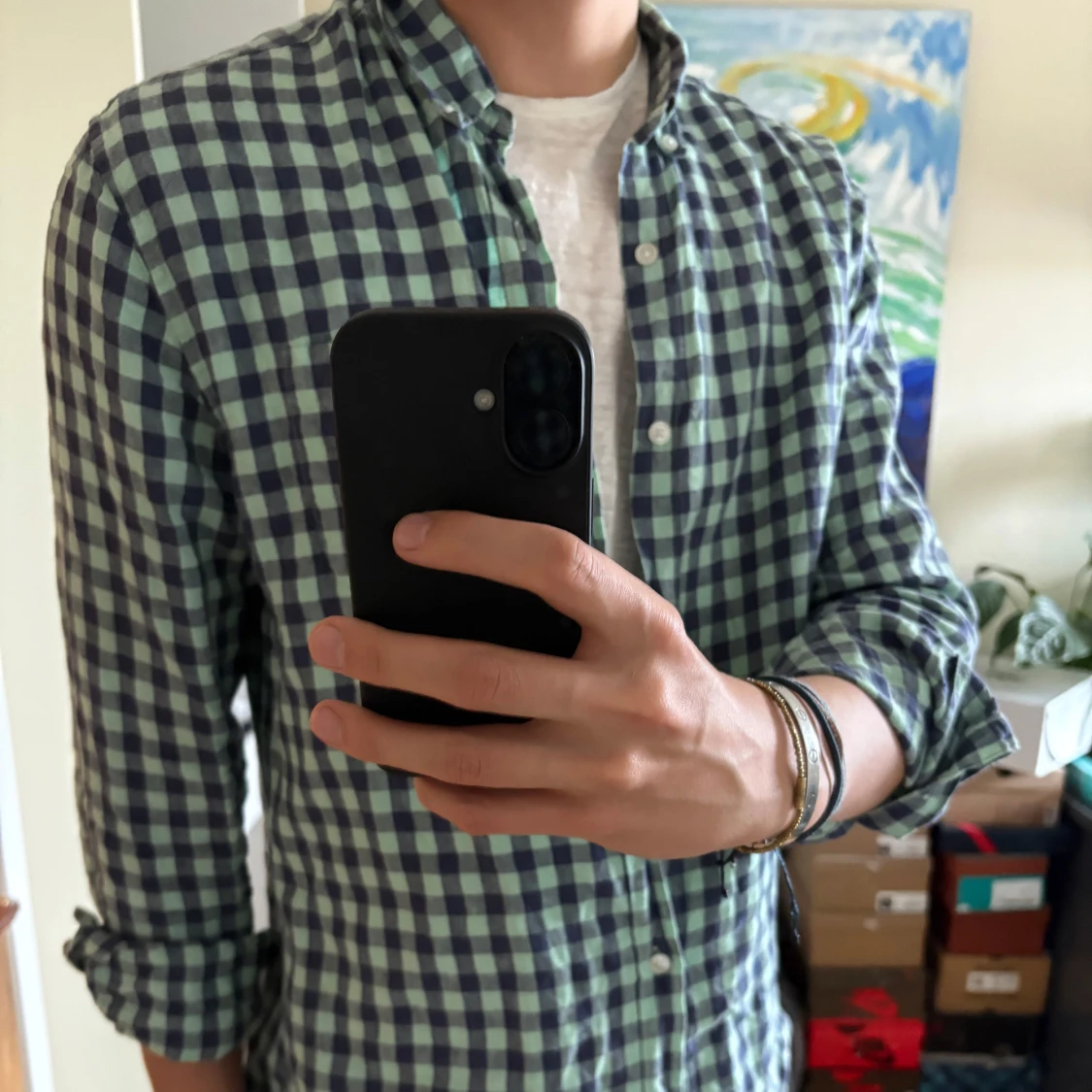 Grönblå rutig linneskjorta