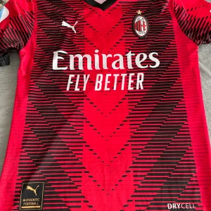 AC Milan hemmatröja R. Leão 17 - Säljer en AC Milan fotbollströja med R. Leão 17 på ryggen. Tröjan är röd med svarta detaljer och har ett mönster av svarta ränder. Puma-logga och klubbmärke på bröstet, sponsortryck på fram- och baksidan. Kortärmad och tillverkad i funktionsmaterial.