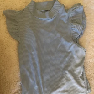 Ljusblå ribbad topp med volangärm Shein - Supersöt ljusblå ribbad topp från Shein i storlek XS. Toppen har höga volangärmar och en lite högre krage som ger en trendig look. Perfekt att styla med jeans eller kjol för en fräsch outfit.