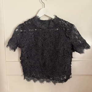 Grå spetsblus - Säljer en elegant svart spetsblus med korta ärmar. Blusen har ett vackert mönster och är perfekt för en stilfull look. 