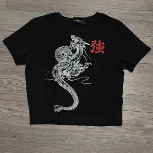 Svart croppad topp med draktryck FB Sister - Cool svart croppad topp från FB Sister med ett stort vitt draktryck och röd japansk text framtill. T-shirten har korta ärmar och rund halsringning. Perfekt för dig som gillar streetstyle och vill sticka ut med en unik design. Storlek L men upplevs som mindre