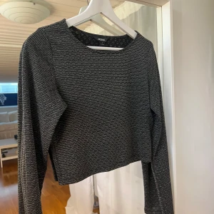 Glittrig topp från Monki - Säljer en glittrig långärmad topp från Monki i storlek S, som är perfekt som fest topp. Tröjan har ett vågigt randigt mönster och en croppad passform.💗