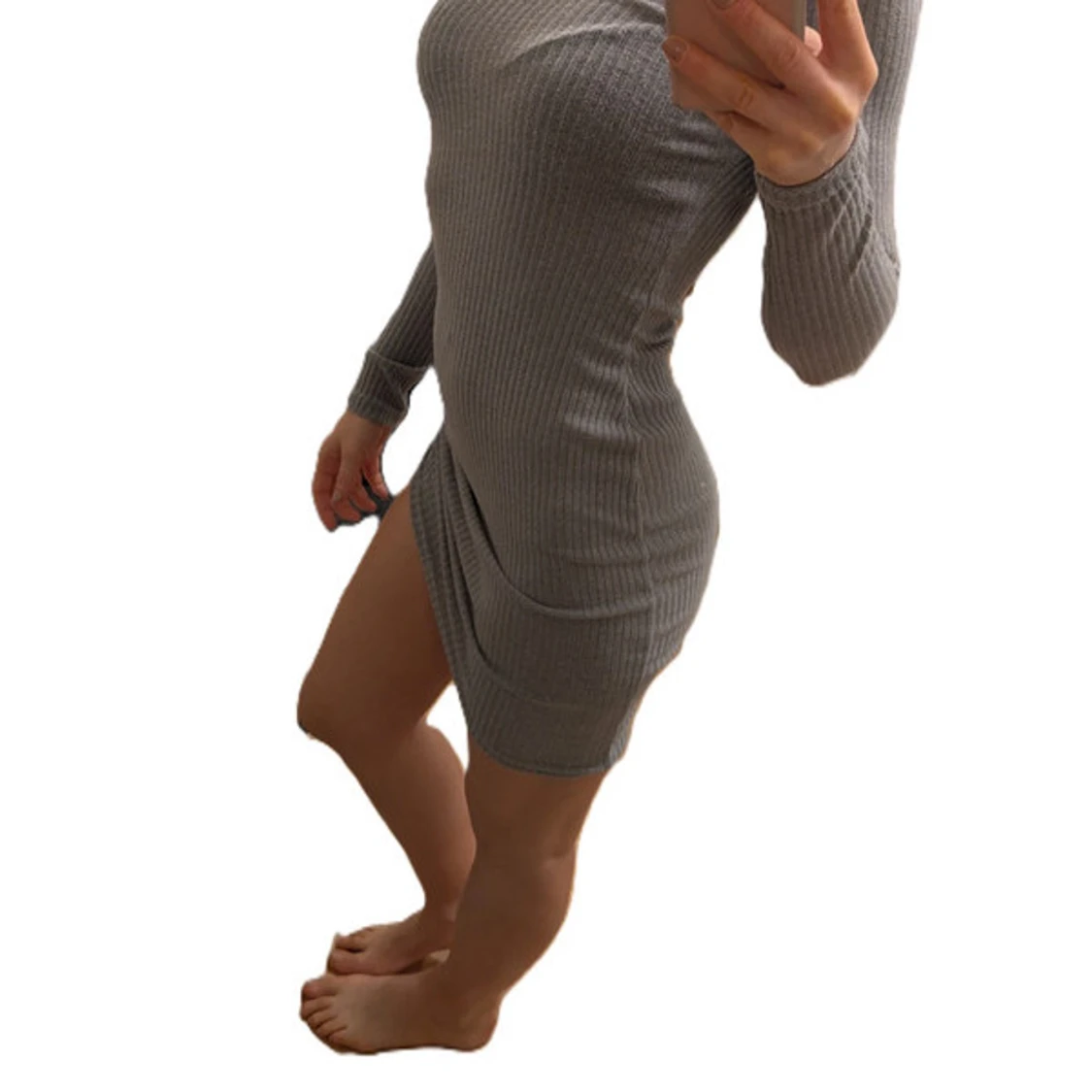 Grå ribbad kortklänning med knyt - 1