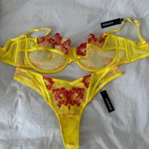 Gul blommig spets-bh från Lounge - Superfin gul bh från Lounge med broderade blommor i rött och gult. Bh:n har tunna axelband och är gjord i transparent mesh med vackra spetsdetaljer. Perfekt för dig som vill ha något färgstarkt och unikt i underklädeslådan.
