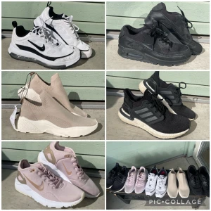 Blandade skor NIKE ADIDAS - Skor i nyskick/sparsamt använda. Har storlek 40,5/41 😊  1. Nike, Air Max AP Vit (nyskick) - 400kr 2. Nike, Air Max 90 Svart (nyskick) - 600kr 3. HM, helt nya (lapp kvar) - 150kr 4. Adidas, Ultraboost Svart/Vit 5. Nike, vet ej modell (nyskick) - 400kr