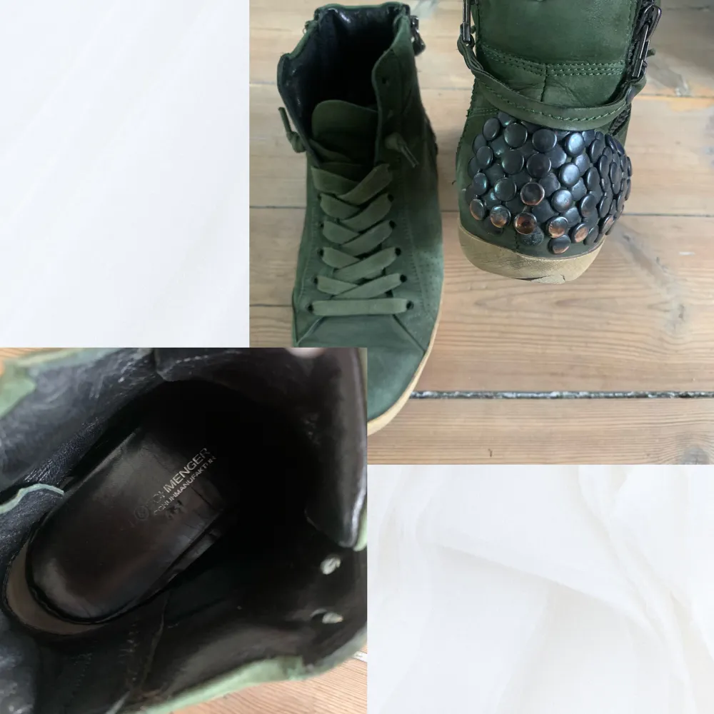 Coola sneakers i mocka/läder med nitar av märket Kennel+Schmenger nypris på deras skor ca 2500. I använt skick men ej trasiga, sulan har slitning på ena hälen och tappat lite färg på nitarna övrebild 3💞 strl 4 o 1/2 vilket är 37 1/2. ej kartong därav pris. Kengät.