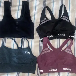 1 gymshark topp knappt använd storlek S/M 70kr 2 i can i will bh aldrig använd storlek S 100kr 3 stronger bh storlek M använd men bra skick 50kr 4 stronger bh storlek M knappt använd 70kr