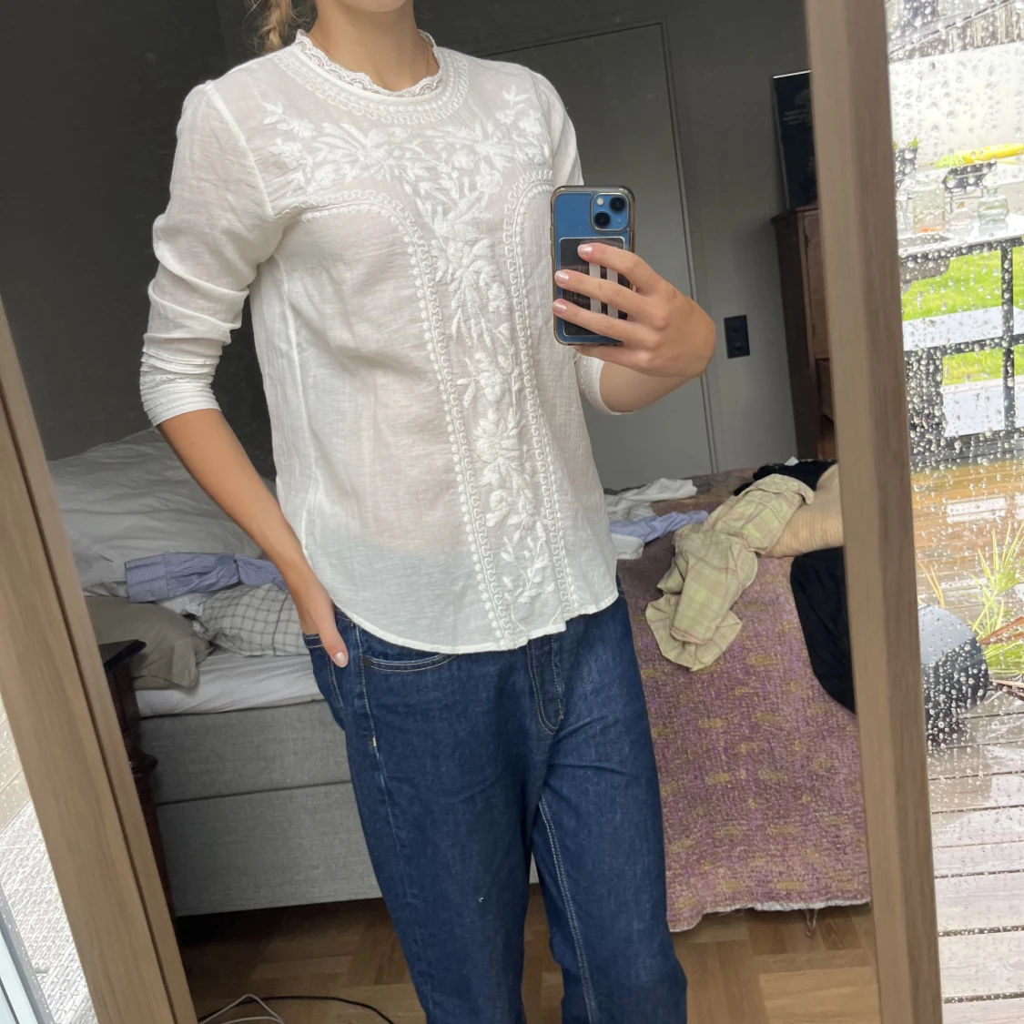 Broderad bomulls blus  - 90