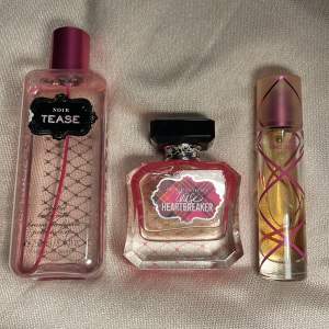 Body mist från Victoria Secret (250ml men halva kvar), 40 kr. VS Tease parfymen (50ml) - 60 kr. Pink Sugar (30 ml mer än halva kvar) 30 kr. Allt för 120 kr.
