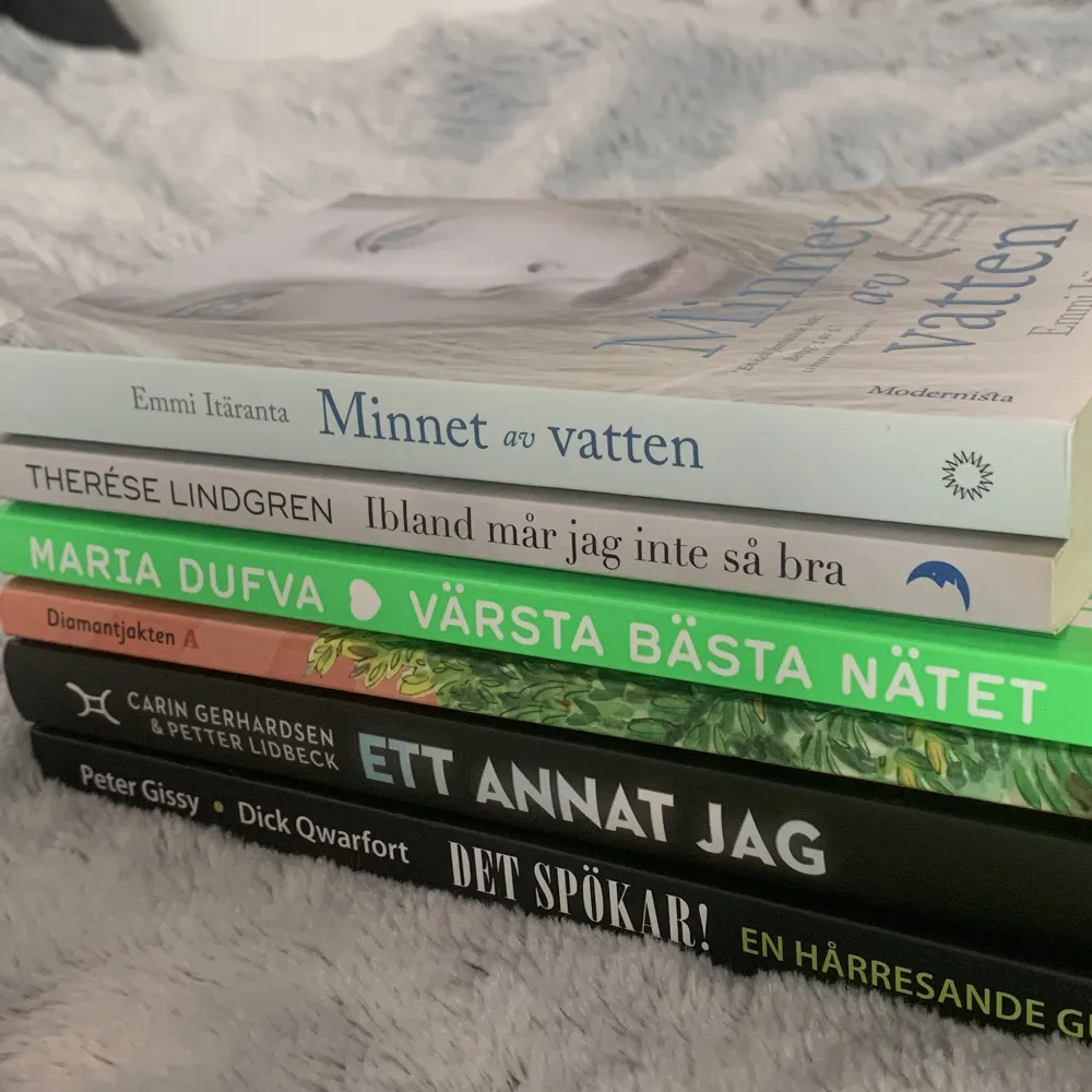 Lästa och olästa böcker på svenska. 1 för 20, 2 för 30, 3 för 40, ALLA för 50. Medela innan du köper, då jag skapar ny annons för DITT köp.   Minnet av vatten såld. Övrigt.