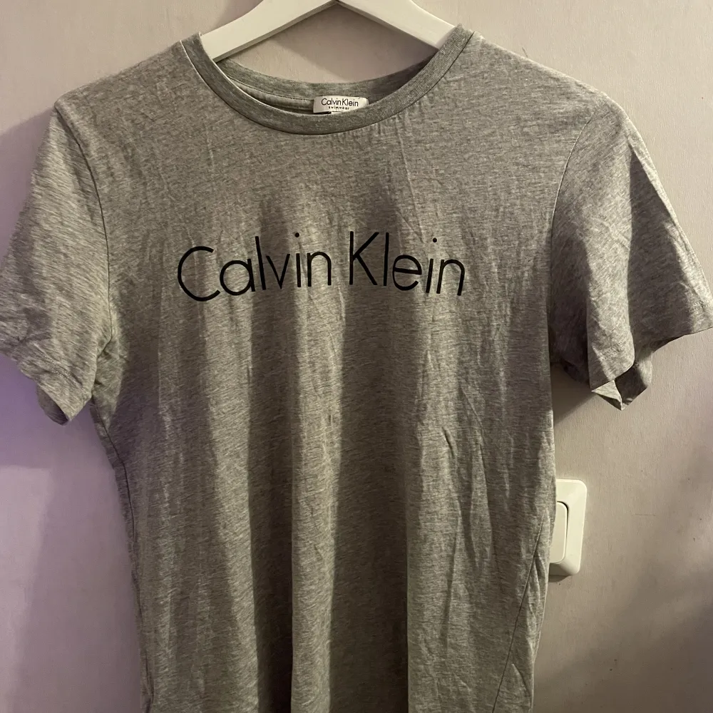 En grå Calvin Klein t-shirt med ett litet litet hål vid halsen. Storlek 14-16 men skulle säga M/S (bror på hur man vill att den ska sitta🥰). T-shirts.