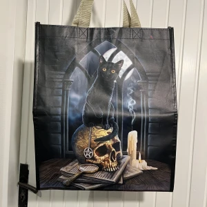 alternativ väska - en super cool alternativ väska gjord av nylon! 🐈‍⬛🦴☠️ osäker om det är just nylon, men det är nåt plasttyg. mått är ungefär 33cm bred och 40cm lång! passar perfekt för när du ska handla eller kanske för halloween dekor förvaring :) 