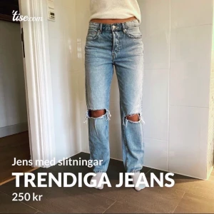Trendiga jeans med slitningar - Trendiga raka jeans med slitningar från h&m, aldrig använda, köpta för 349kr, säljer för 250kr, strl 36, men passar 34-38 beroende på hur man vill att dom ska sitta, långa, jag är 172cm lång. Väldigt lik Zaraspopulära jeans i modellen.