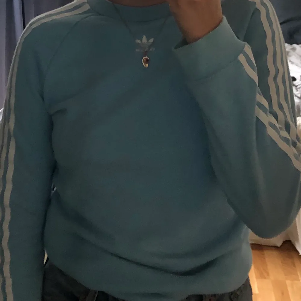 Ljusblå adidas tröja, säljer pga använder inte längre. Jättefin färg!! Mycket bra skick🦋🦋💙💙. Tröjor & Koftor.