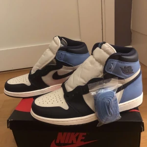 Air jordan 1 Obsidian  - Skorna är helt nya, alltså DS. De är i storlek 42. Boxen som medkommer är lite skadad på lock kanterna (se bild). 
