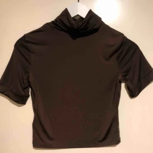  - Mörk polotröja i tunt tyg, men inte genomskinligt. Smiter åt riktigt snyggt eftersom hela tröjan är lite stretchig. Slutar strax ovanför naveln, så passar bra till höga byxor och kjol  Köparen står för ev. frakt 📯 (27 kr)