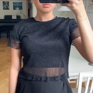 Svart mesh topp från Brandy Melville - Svart glittrig mesh topp från Brandy Melville. Storlek onesize och passar mig som har xs/s vanligtvis. Stretchig i tyget så passa nog någon som har M. Frakt tillkommer, eller så kan man möta mig vid Östermalmstorg!