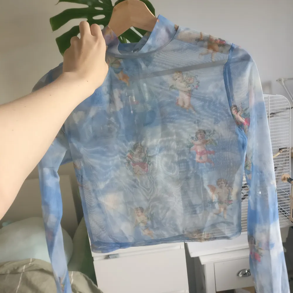 Jättefin långärmad mesh-tröja i ljusblått. Köpt i Japan i storlek L (passar mig som vanligen är storlek 38) men den är liten och skulle passa allt från 34-38. Genomskinlig men sjukt snygg att ha under annan tröja ✨. Toppar.