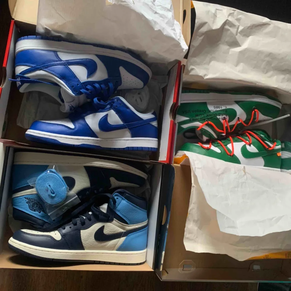 Air Jordan 1 UNC Obsidian Highs  Nike Dunk Kentucky Nike Dunk x Off white Pine Green. Skor.